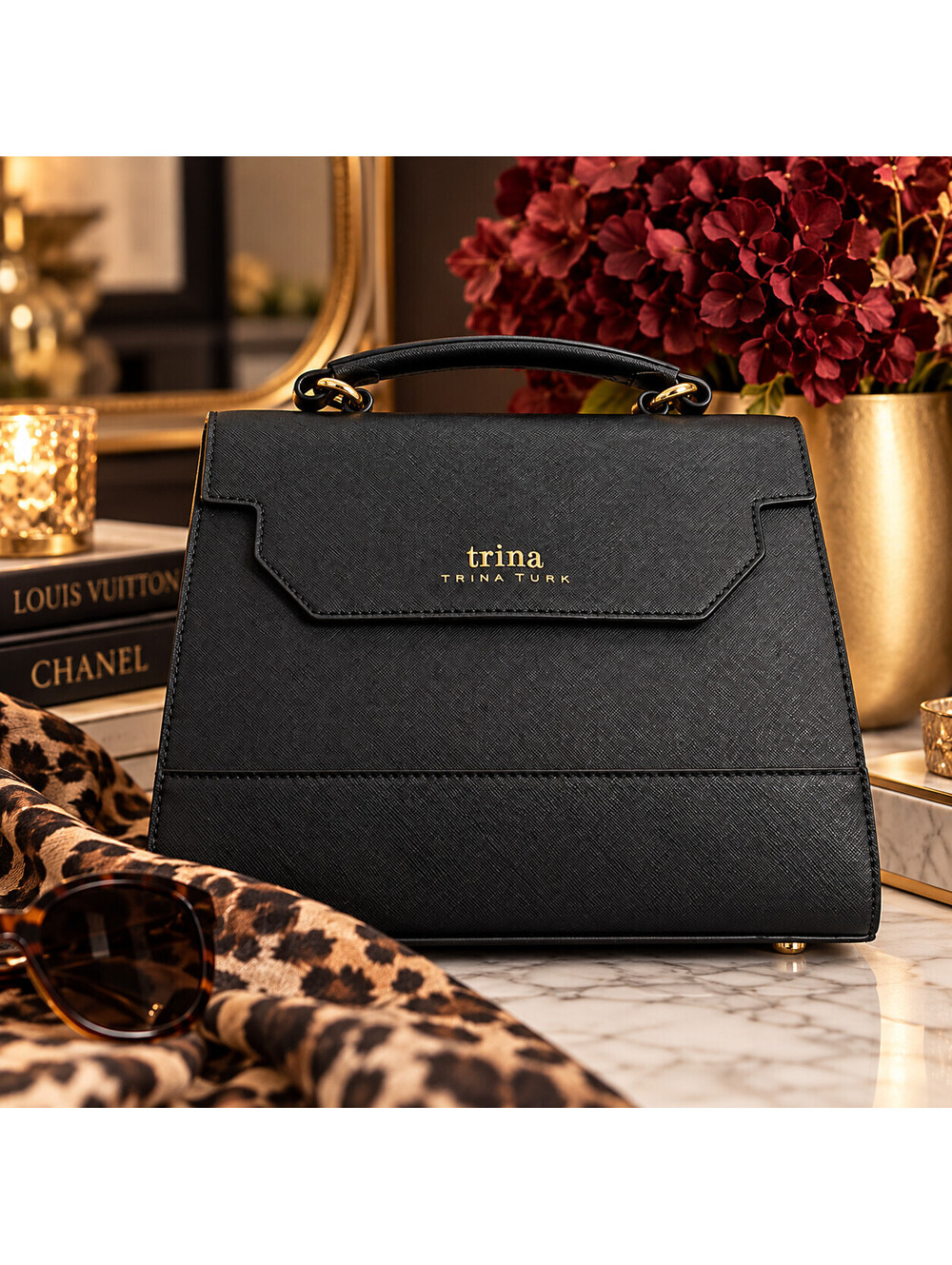 Trina Turk Womens Black structured Rectangle Satchel Top Handle Bag Ret $148 NWT